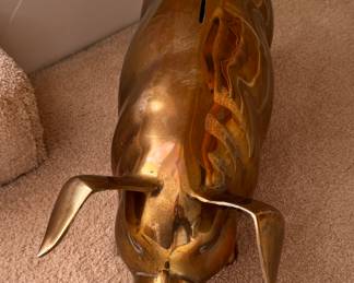 Vintage 1960s Solid Brass Pig Figurine Piggy Bank. Measures 22" L x 9" W x 9" H. Photo 3 of 4. 
