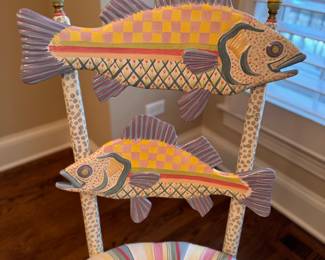 Pair of MacKenzie-Childs Freckle Fish Chairs with Multi Color Seats. Each Measures 21" W x 42" H x 17.5" with 19.5" Seat Height. Photo 2 of 5. 