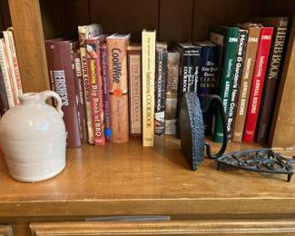 crock jug, sad iron, iron trivet, cookbooks