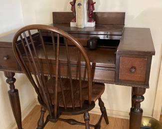 antique writing desk, rush seat chair, carved Asian bookends, brass spittoon
