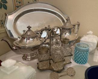 tea and coffee service with tray, condiments set, Fenton, milkglass