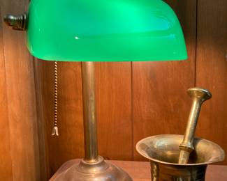desk lamp, heavy brass mortar and pestle