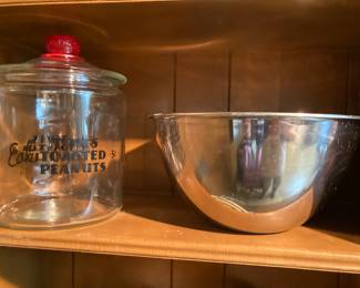 Tom's Roasted Peanuts jar, stainless mixing bowls