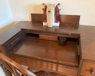 antique writing desk with pen holders and flip-out ink well, Asian bookends