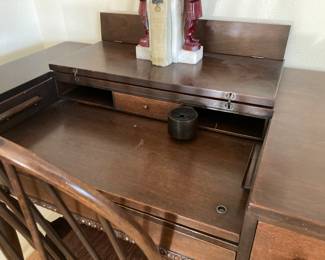 detail--antique writing desk with flip-out ink well