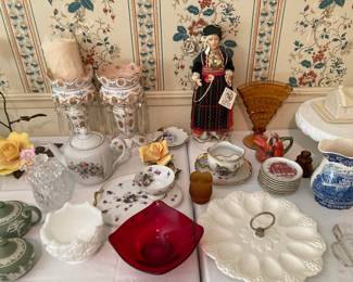 Victorian lusters with prisms, Greek doll, Wedgwood teapot with cream and sugar, etc. 