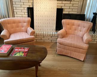 pale pink arm chairs, drop-leaf cocktail table, Gone with the Wind book and 78rpm soundtrack