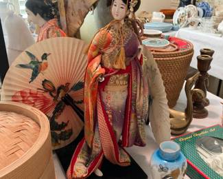 Japanese geisha doll, fan, teapot, etc