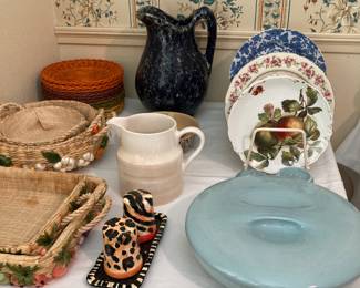 MCM serving baskets, spongeware pitcher, Russel Wright Iroquois covered vegetable and salt/pepper stacker