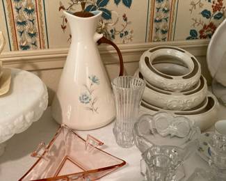 Mid-century Taylor Smith Taylor pitcher with wooden lid, pink depression dish, floral rings set