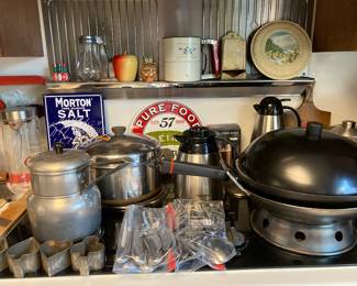 kitchenwares, enamel Morton Salt and Heinz signs