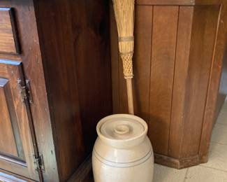 crock butter churn with lid, straw broom