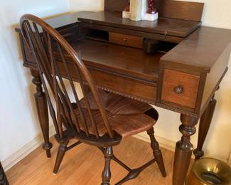 antique writing desk, rush seat chair, brass spittoon, Asian bookends