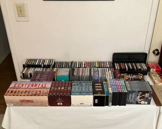 CDs, VHS collection sets, DVDs, cassettes 