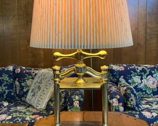 brass and wood table lamp