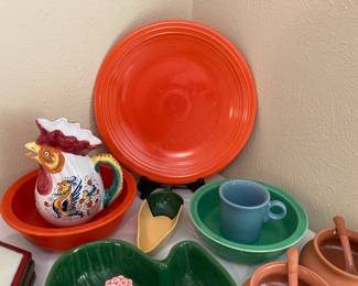 original 1930s Fiesta 14" chop plate, large red vegetable bowl, and medium-size green vegetable bowl, rooster pitcher