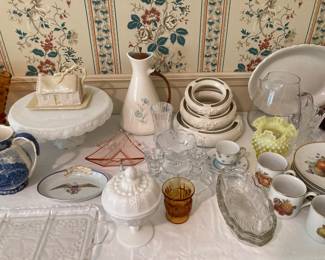 Belleek butter cottage, MCM pitcher, etc. 