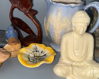 Vintage hand-carved wooden Frog figurine, and another Buddha 