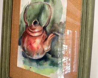 watercolor painting of copper tea kettle signed HEUS