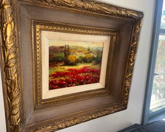 Landscape of poppies Oil painting in heavy gilt frame, signed on left corner Ma... cn... ?