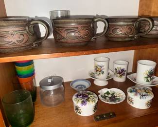 little collection of Royal Stafford porcelain, and some pretty stoneware French onion soup mugs