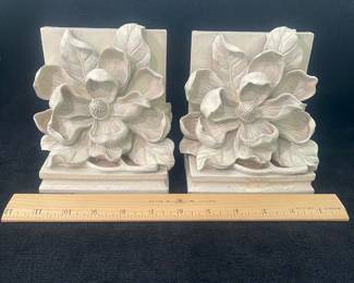 K42 - $20. Vintage White CBK magnolia bookends. Measures 3”w x 5”d x 5.75”t.