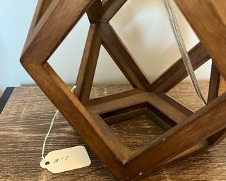 B9 - $20. Pair of Table Lamps. Measures 18" tall. Shades are in good condition - wooden frames have scratches & show wear.