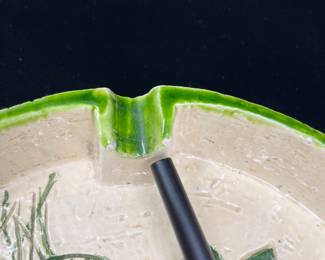 K9 - $75. MCM Italian pottery collection. Green, yellow, orange, brown colors. Orange starburst design. Bitossi. Created in Italy for Rosenthal Netter. Candleholder, ashtray, and cigar ashtray. Great for trinket dishes. Some flea bites on ashtrays. Candleholder in excellent condition.