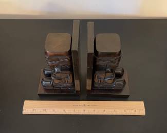 K20 - $35. pair of vintage hand carved wood bookends in an Inca/Mayan/Aztec style.