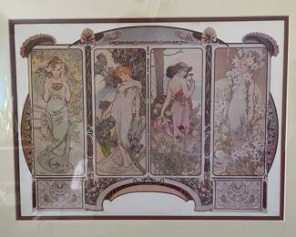 K24 - $125. Framed print of “The Flowers” by Alphonse Mucha. Art Nouveau 4 panel design with carnation, lily, rose, iris. Heavy solid wood gold frame. Measures 27”w x 23”t.