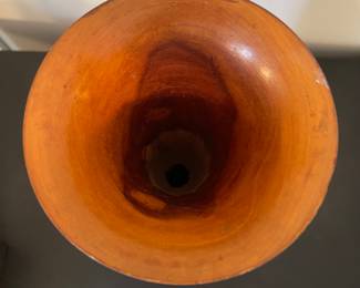 K14 - $20. Vintage Hand turned and carved wooden vase. 17” tall. Some chips and scuffs common with age.