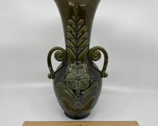 K6 - $50. Vintage olive green pottery vase. Signed Anna Grandina. Measures 6”w x 5”d x 12”t.