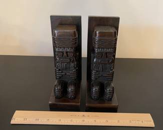 K20 - $35. pair of vintage hand carved wood bookends in an Inca/Mayan/Aztec style.