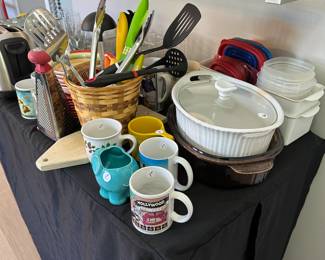 B17 - $40. Kitchen LOT. Toaster, Revereware Pots, Utensils, Bowls & Plates, Glasses, Coffee Mugs, 2 Serving dishes with lids. mixing bowls, pie plate, colandar.