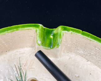 K9 - $75. MCM Italian pottery collection. Green, yellow, orange, brown colors. Orange starburst design. Bitossi. Created in Italy for Rosenthal Netter. Candleholder, ashtray, and cigar ashtray. Great for trinket dishes. Some flea bites on ashtrays. Candleholder in excellent condition.