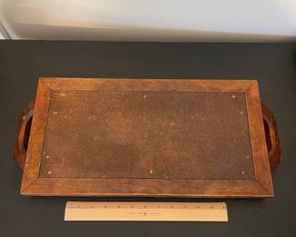 K15 - $20. Vintage hand-carved wooden serving tray with inlaid ceramic tiles.