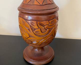 K14 - $20. Vintage Hand turned and carved wooden vase. 17” tall. Some chips and scuffs common with age.