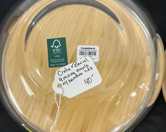 S29 - $40. Crate & Barrel 4 Nesting Glass Mixing Bowls with Bamboo Lids.