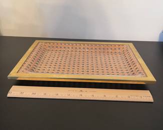 K22 - $50. Mid-Century Rattan & Acrylic Glass Tray with Brass Borders, 1970s. Measjres 9” x 14”.