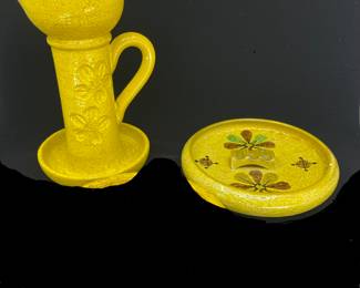 K10 - $65. MCM Italian pottery large candleholder and cigar ashtray. Bitossi. Created in Italy for Rosenthal Netter. Both are a Stunning vibrant yellow and the ashtray has lovely floral designs. Great for trinket dish. Some flea bites on ashtray. Candleholder in great condition.
