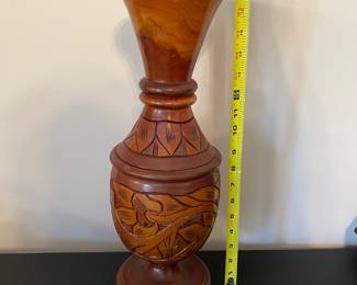 K14 - $20. Vintage Hand turned and carved wooden vase. 17” tall. Some chips and scuffs common with age.
