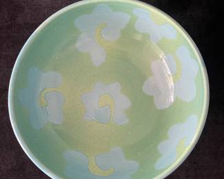 K47 - $30. Vietri Ceramic Italian pedestal bowl with blue and green design. Measures 12”w x 5.75”t.