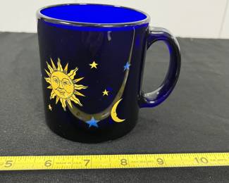 S6 - $25. Vintage Libbey Celestial Sun Moon & Stars Cobalt Blue Mug.