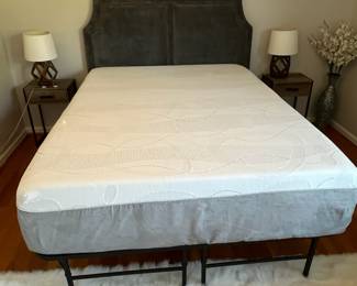 B1 - $225. Queen Size Foam Mattress with Headboard and collapsible frame. Excellent Condition - was used in a guest room. Headboard is a dark grey velour.