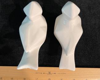 K36 - $15. Pair of white geometric ceramic glazed birds decor. Some crazing. No chips or cracks.