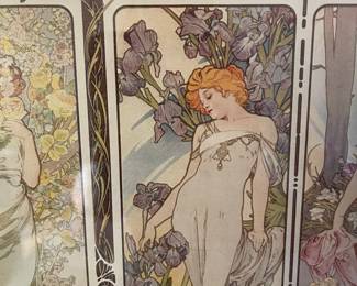 K24 - $125. Framed print of “The Flowers” by Alphonse Mucha. Art Nouveau 4 panel design with carnation, lily, rose, iris. Heavy solid wood gold frame. Measures 27”w x 23”t.