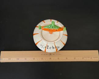 K12 - $45. Vintage Holt Howard pixie ketchup condiment jar. Spoon has been repaired but not very noticeable and blends with the natural crazing. Vibrant colors.