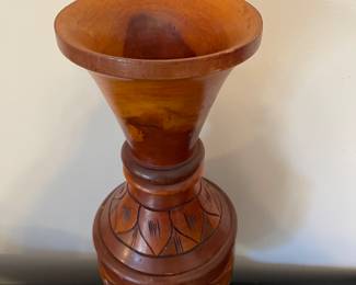 K14 - $20. Vintage Hand turned and carved wooden vase. 17” tall. Some chips and scuffs common with age.