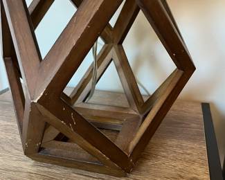 B9 - $20. Pair of Table Lamps. Measures 18" tall. Shades are in good condition - wooden frames have scratches & show wear.