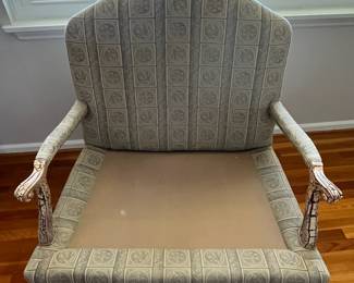 B11 - $125. Oversized Chair with Chippy Painted wooden frame. Measures 41.5" wide x 20.5" deep x 42.5" tall. Very comfortable - sits a little low right in the middle.